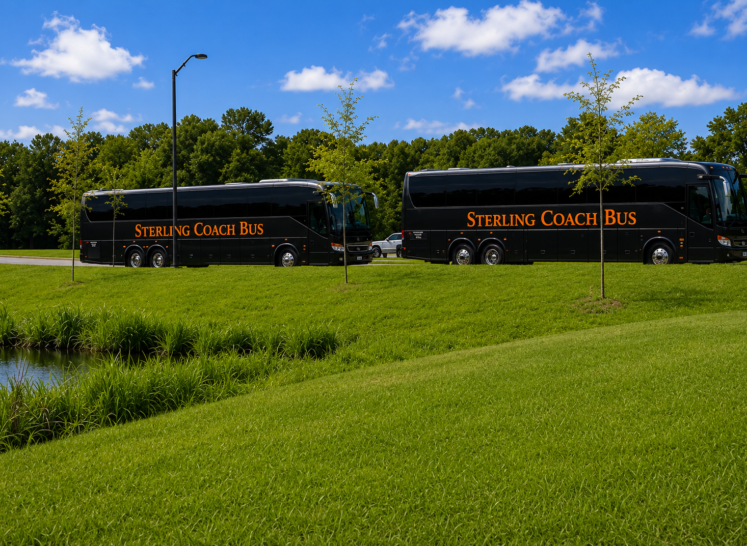 Two black buses on a green hillside under a blue sky, with orange lettering and trees in the background.