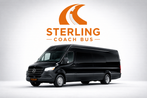 Sterling Coach Bus logo above a black Mercedes passenger van on a white background