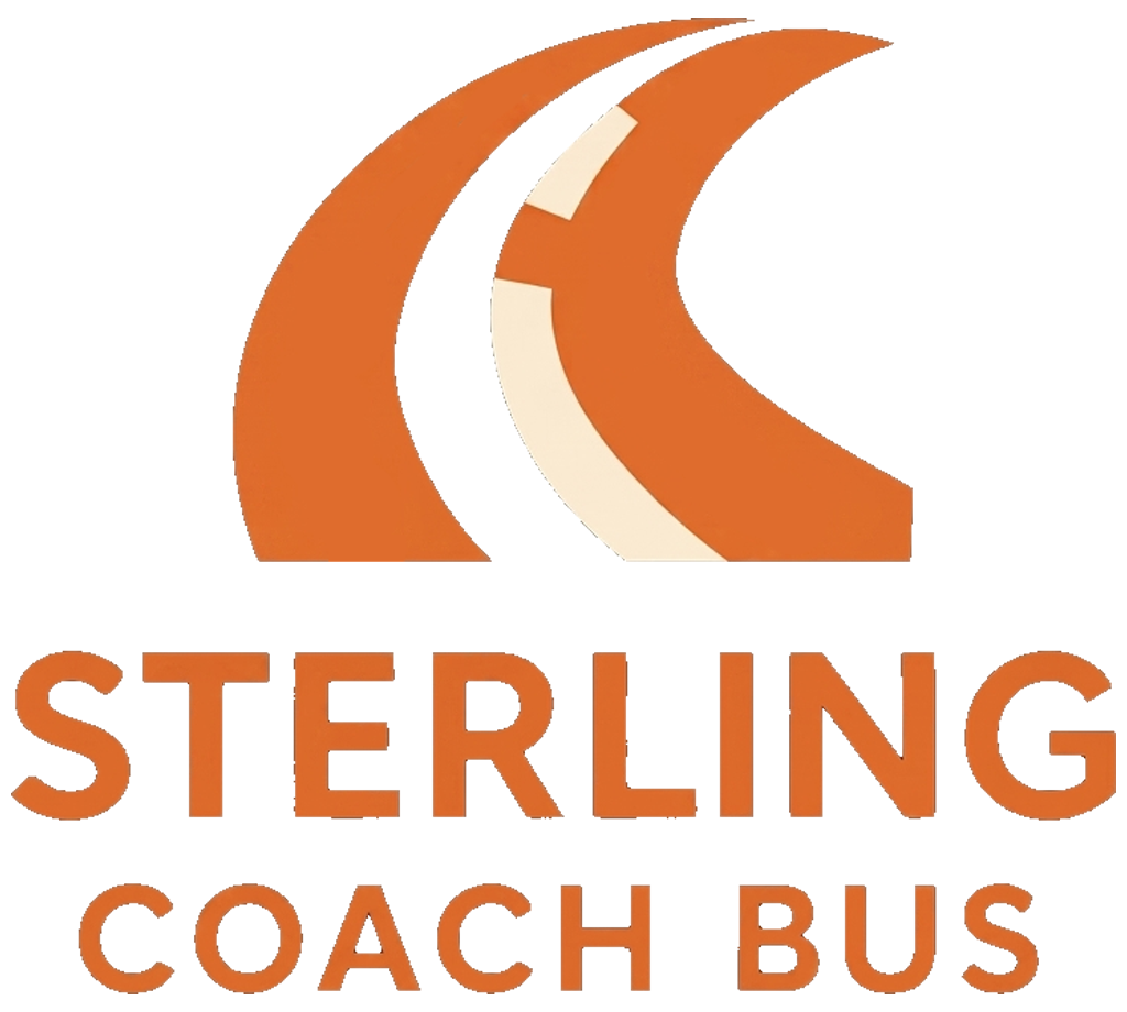 Sterling Coach Bus logo with orange abstract swoosh and text on white background