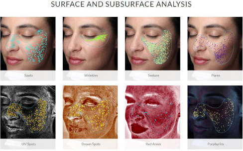 A woman 's face with different types of spots on it.