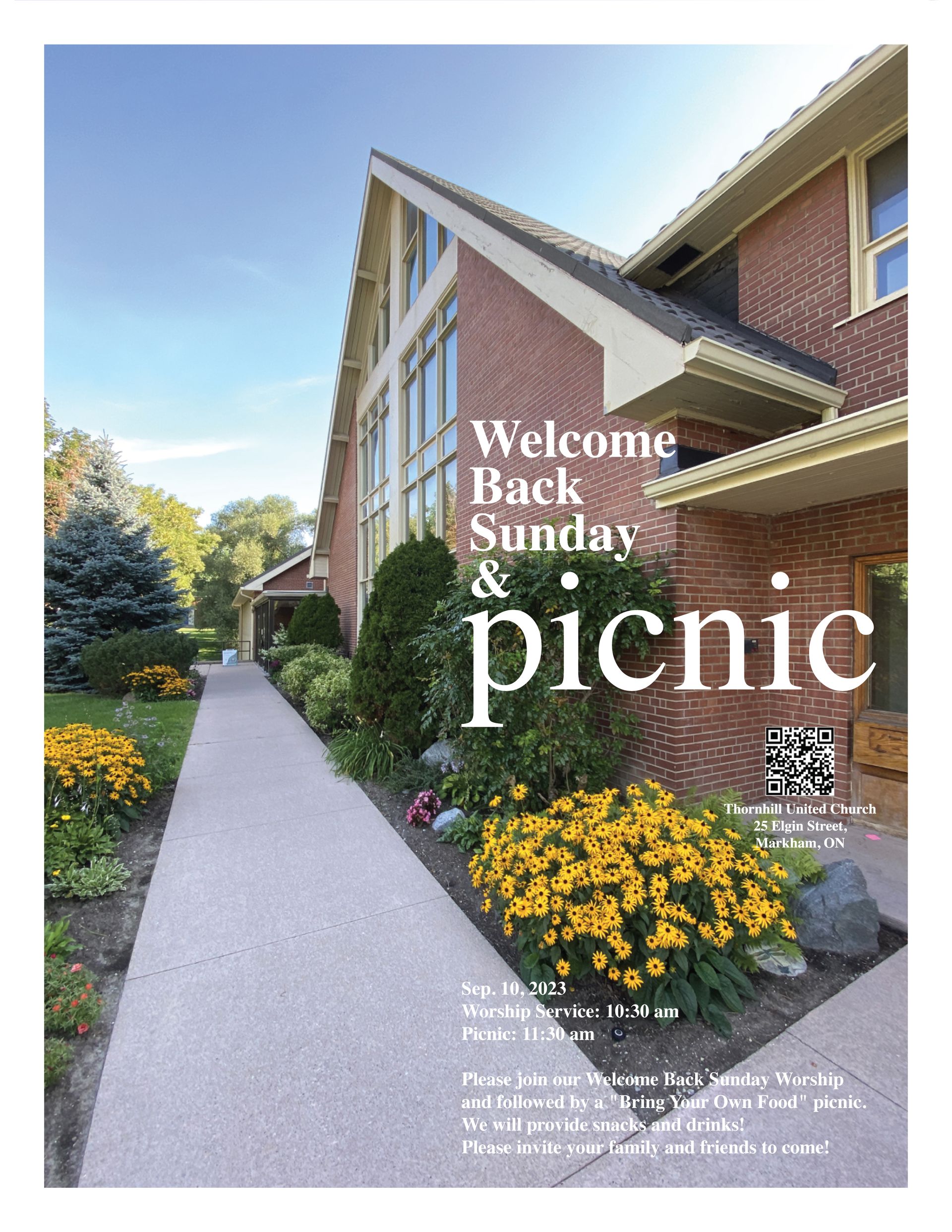 a poster for welcome back sunday and picnic with a brick building in the background .