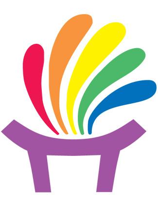 a rainbow colored logo with a purple border