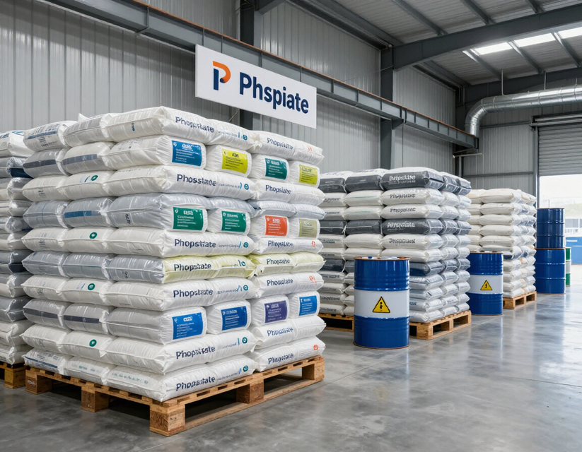 Almacén con sacos blancos de fertilizante Phisplaite apilados en palés y bidones azules para residuos peligrosos.