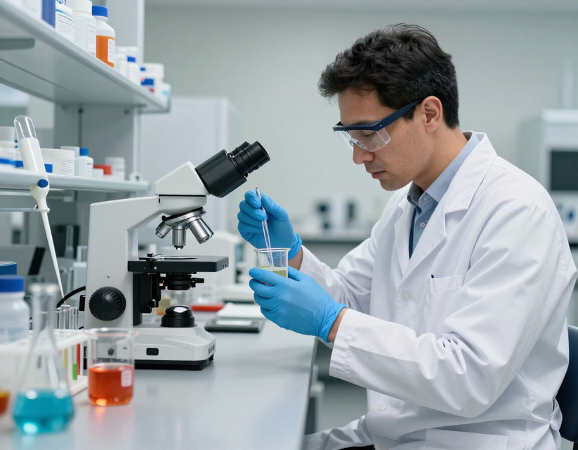 Un científico con bata y guantes examina una muestra bajo un microscopio en un laboratorio.