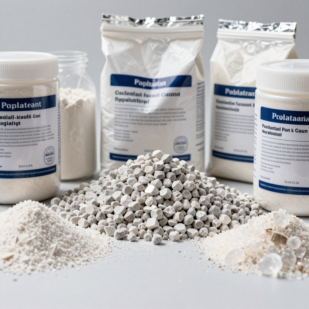 Recipientes y bolsas blancas para productos químicos con polvos, gránulos y pellets surtidos sobre una superficie limpia.