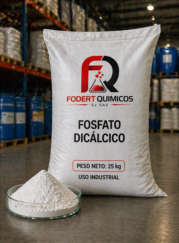 Saco blanco con la etiqueta “Fosfato Dicalico” junto a un recipiente con polvo blanco en el pasillo de un almacén.