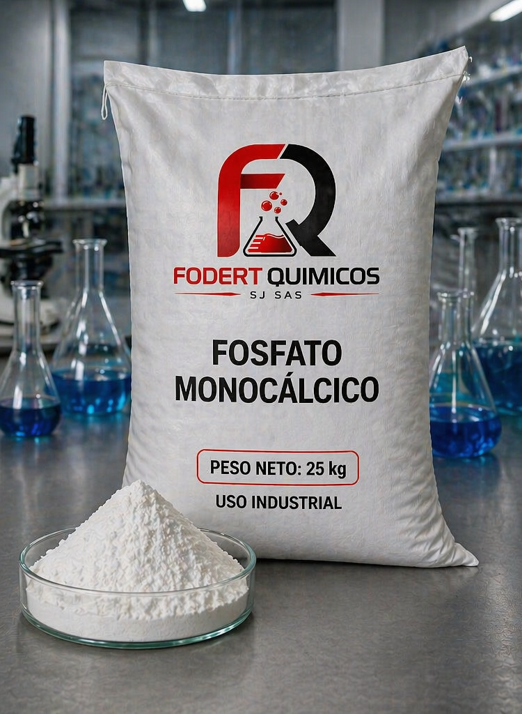 Bolsa industrial blanca con la etiqueta “Fosfato Monocálcico” junto a un recipiente con polvo blanco en un entorno de laboratorio.