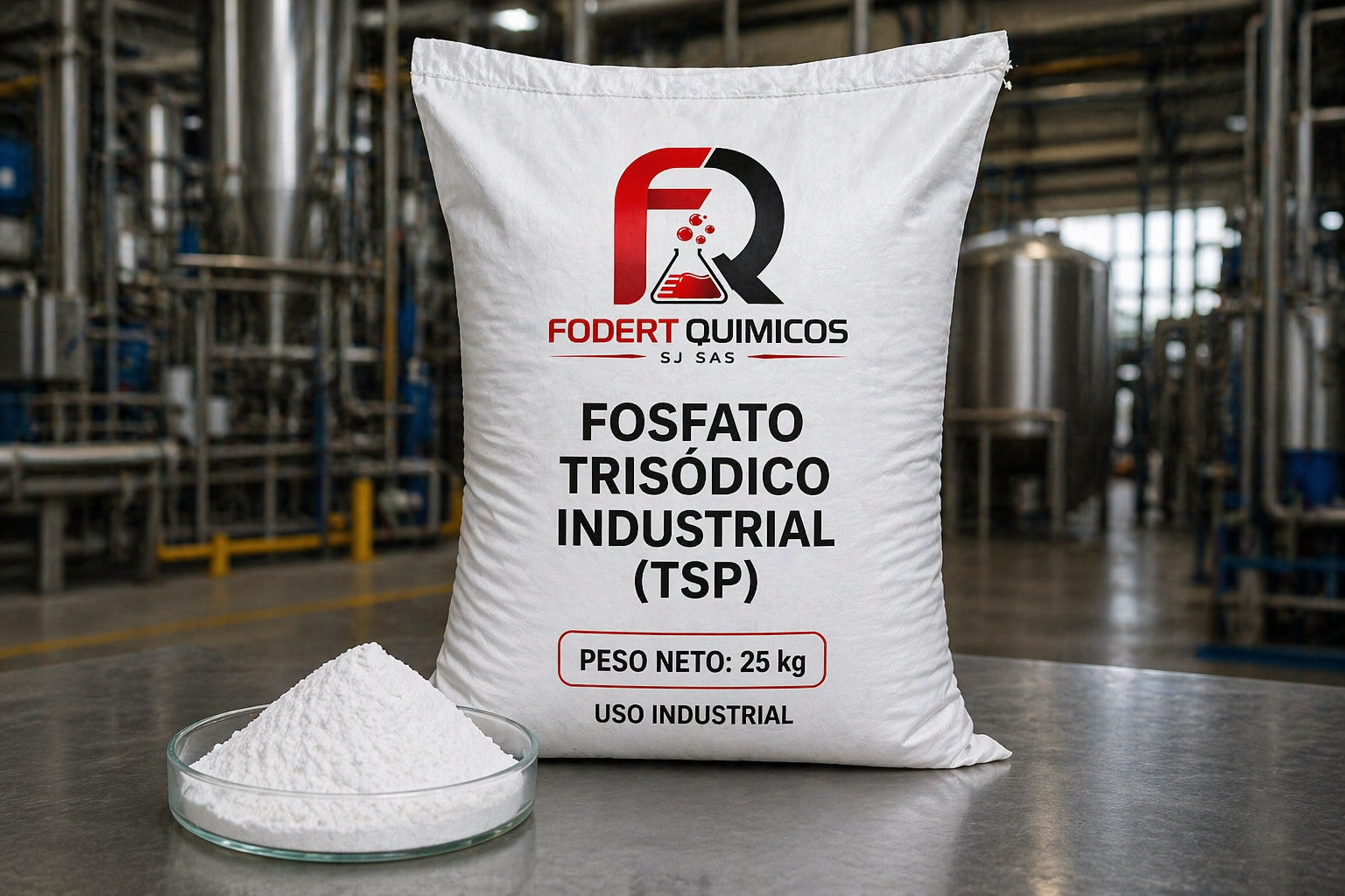 Bolsa industrial blanca con la etiqueta “Fosfato Trisódico Industrial (TSP)” junto a un montón de polvo en una fábrica.
