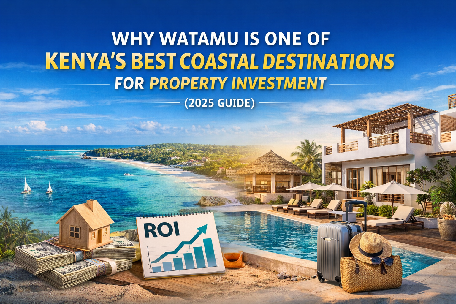 Promotional graphic: Watamu, Kenya, real estate investment guide. Beach, pool, stacks of money, and ROI chart.