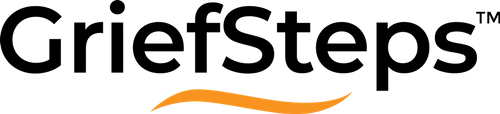GriefSteps logo with black text and an orange wavy line below. The 