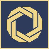 Gold interlocked geometric design on blue background.