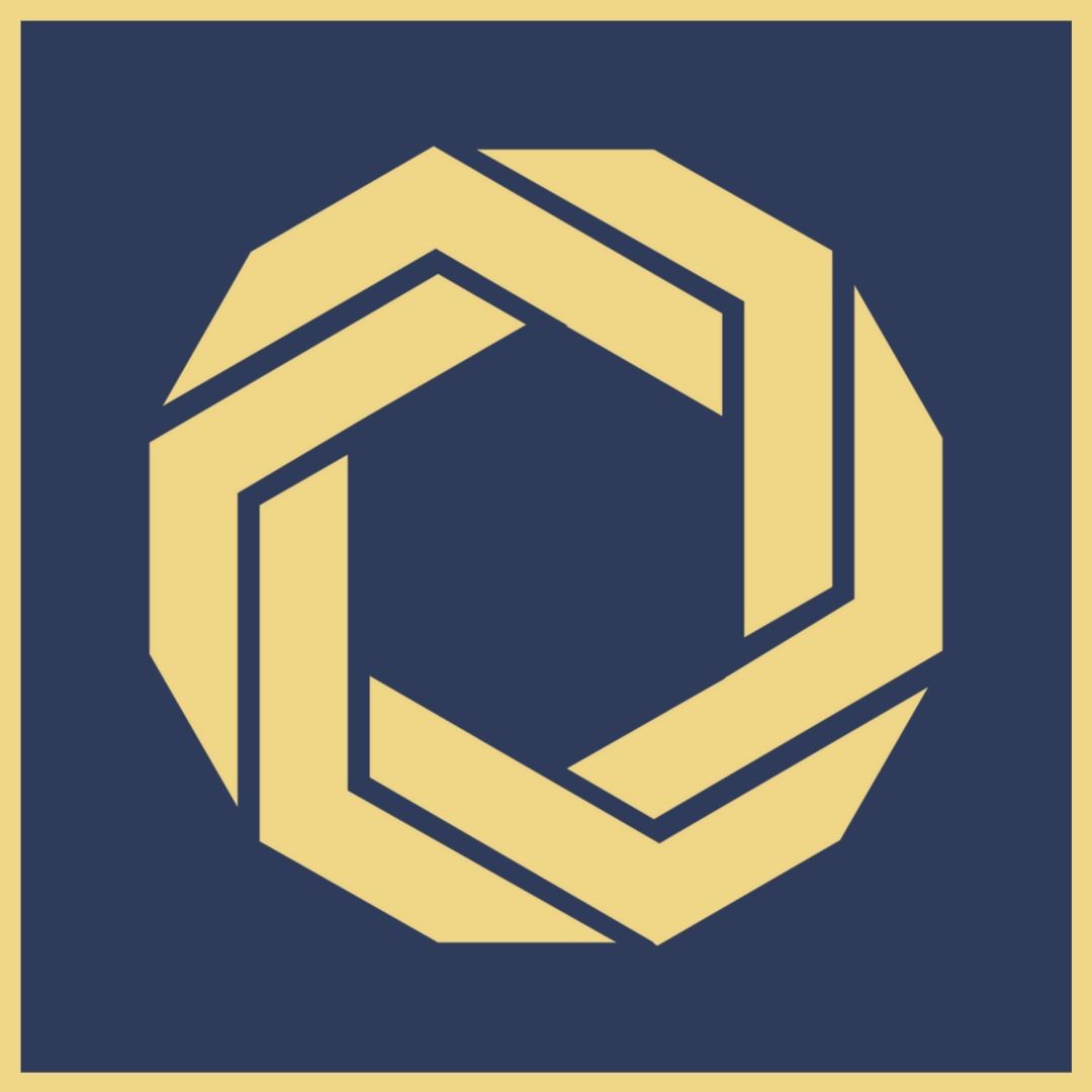 Gold interlocked geometric design on blue background.