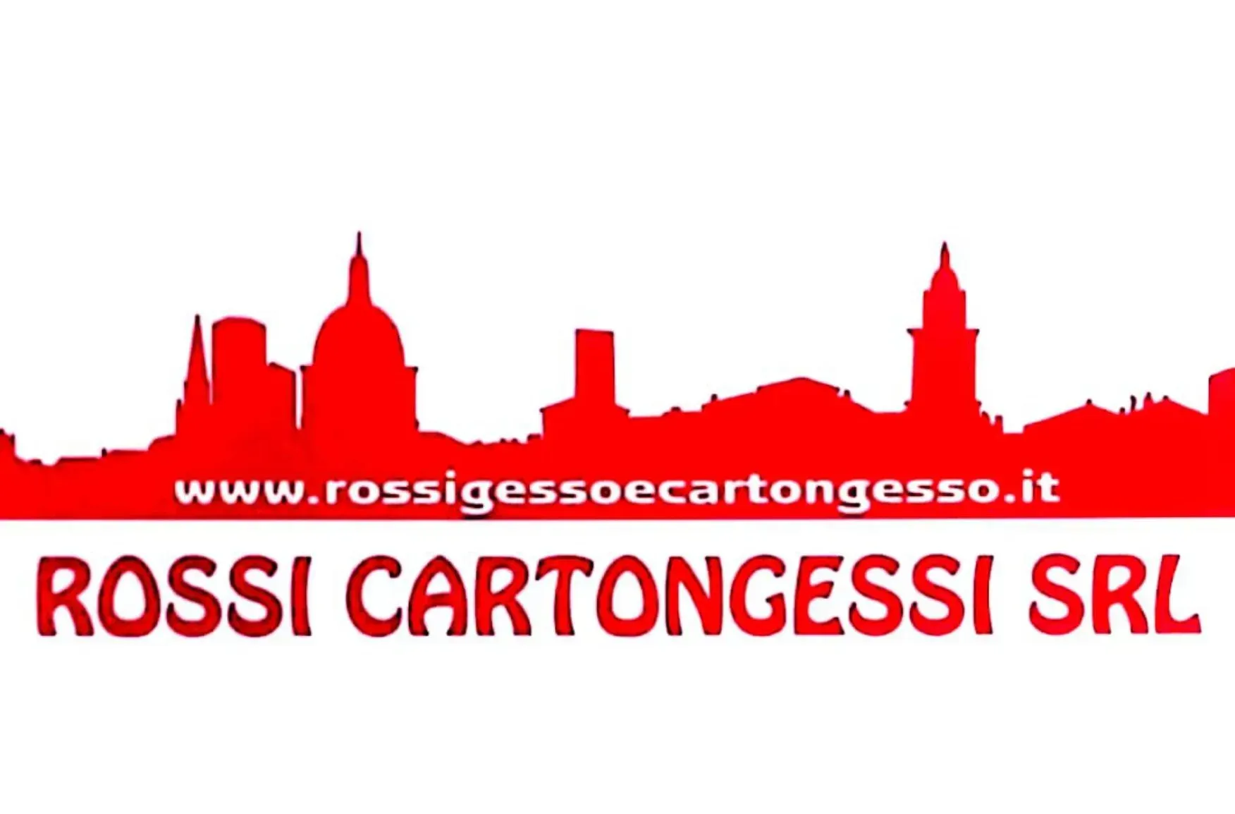 Silhouette rossa dello skyline con testo: Rossi Cartongessi SRL. Sito web: rossigessoecartongesso.it.