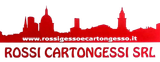 Logo con skyline rosso e nome dell'azienda: Rossi Cartongessi SRL. Include l'indirizzo del sito web.