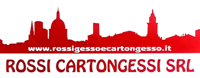 Logo con skyline rosso e nome dell'azienda: Rossi Cartongessi SRL. Include l'indirizzo del sito web.