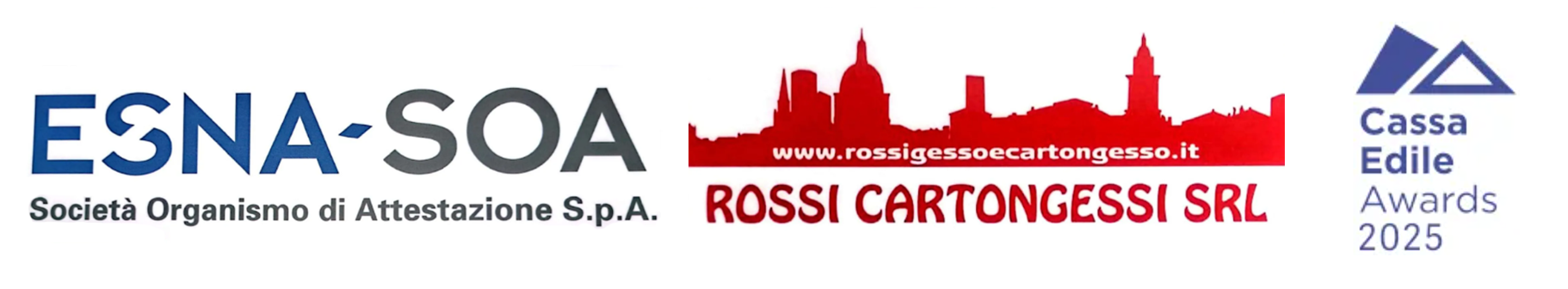Logos of ESNA-SOA, Rossi Cartongessi SRL, and Cassa Edile Awards 2025.