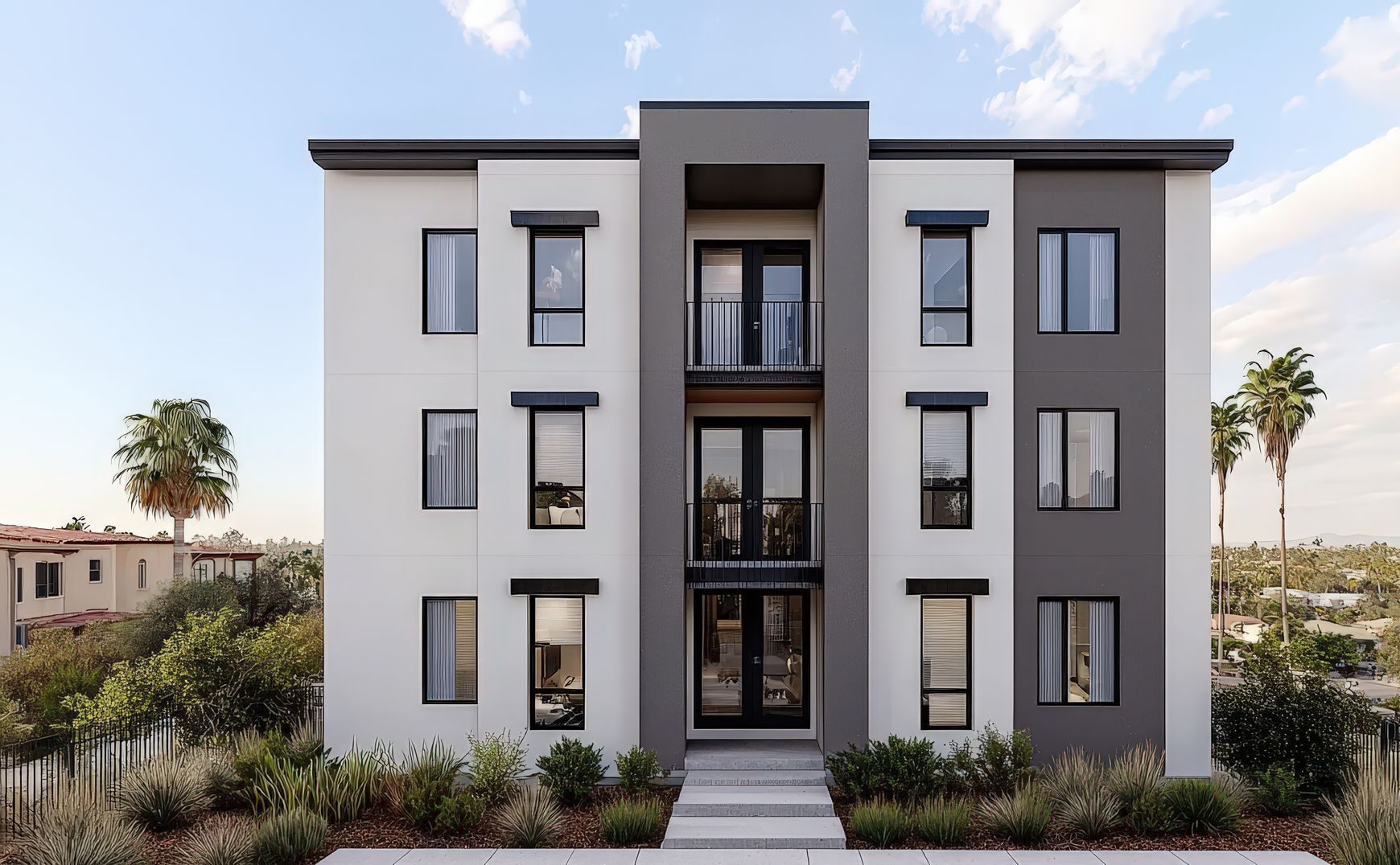 An artist 's impression of a modern apartment building with a lot of windows.