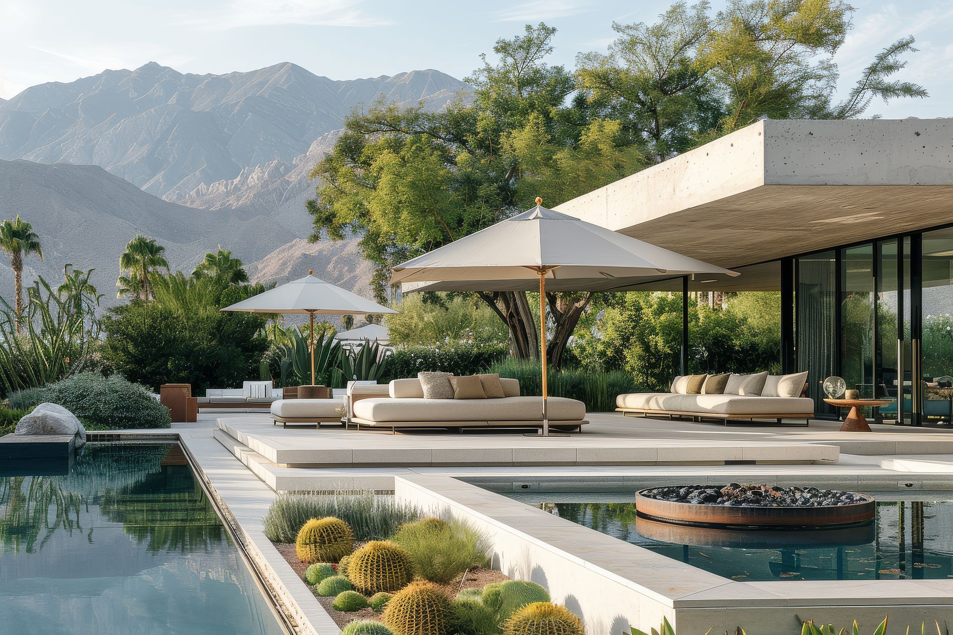 A large house with a swimming pool and umbrellas in front of it.
