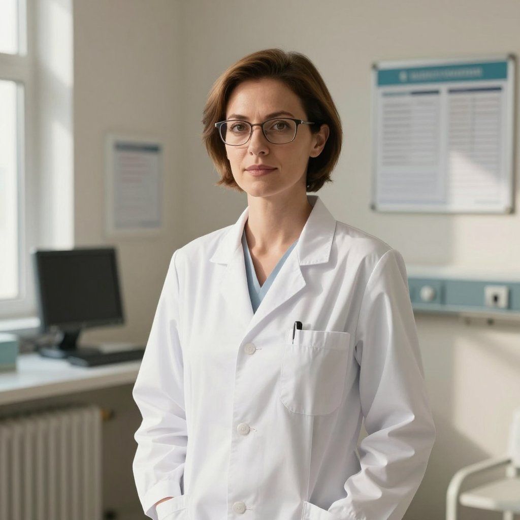 Doctor wearing glasses and lab coat, hands in pockets, in a medical setting.