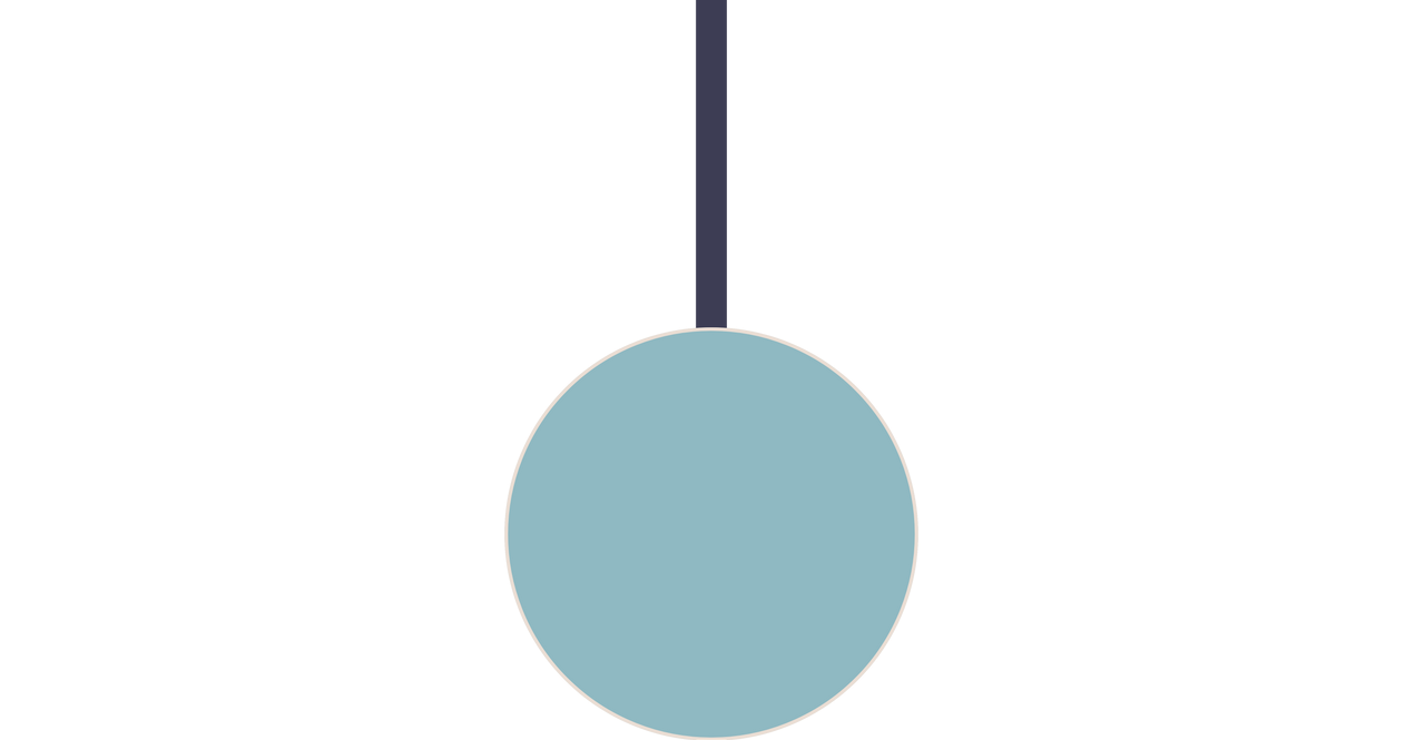 Blue oval shape hanging from a dark blue vertical line.