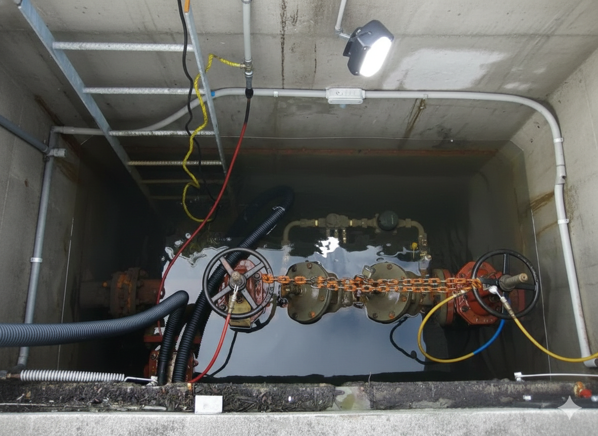 Water-filled concrete chamber with pipes and valves, lit by a single overhead light.