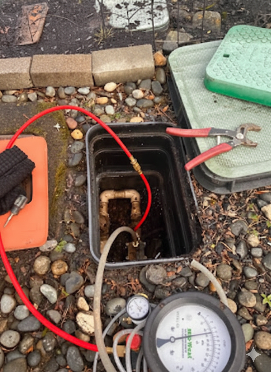 Man in red cap checks gauge on pipe system attached to a white building. Yellow, blue hoses visible.