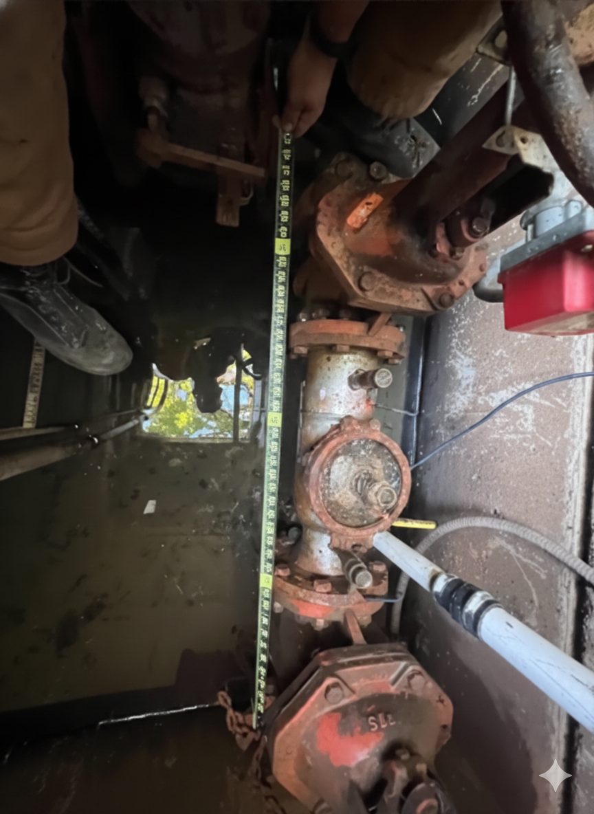 Person kneels, using gauges on industrial plumbing with red pipes and valves, indoor setting.