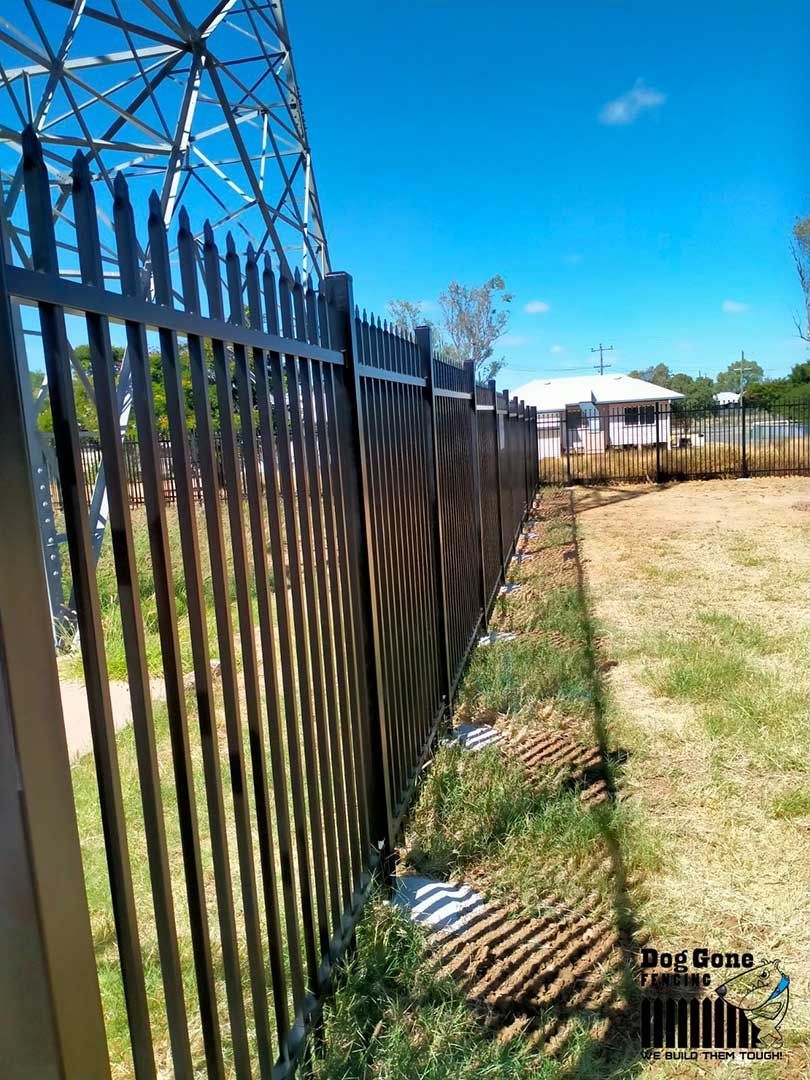 A Black Metal Fence Is Surrounding A Grassy Field — Dog Gone Fencing in Mount Isa, QLD