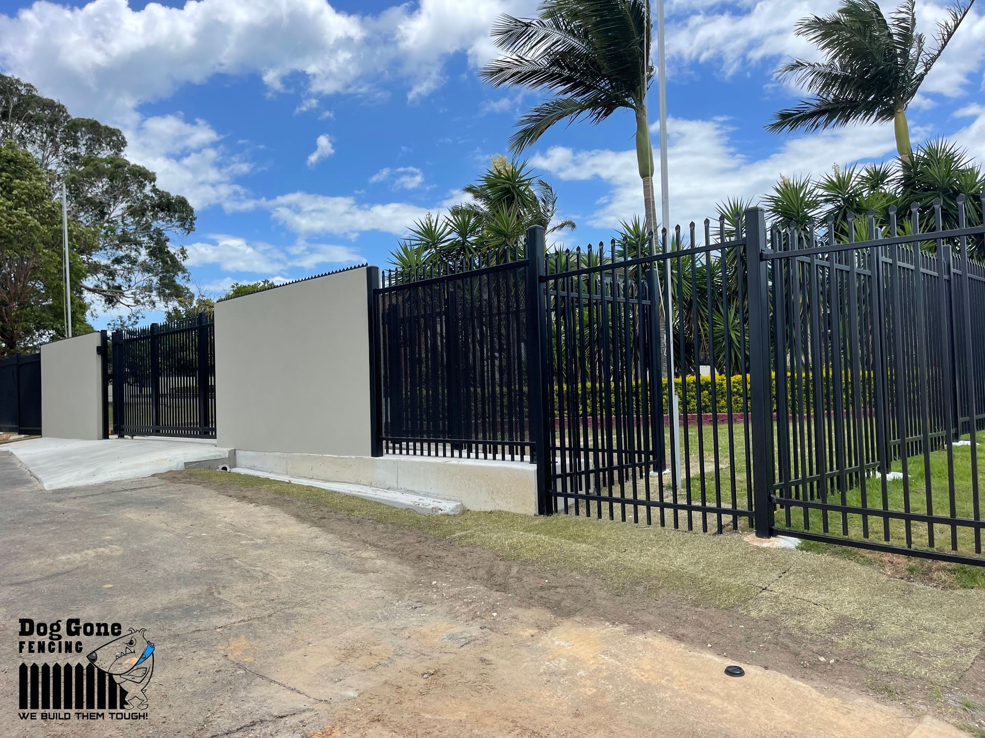 A Black Metal Fence Is Surrounded By Concrete Walls And Palm Trees — Dog Gone Fencing in Paget, QLD