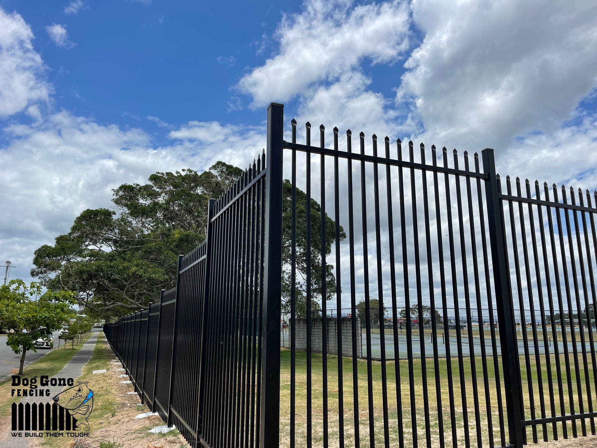 A Black Metal Fence With A Blue Sky In The Background — Dog Gone Fencing in Paget, QLD