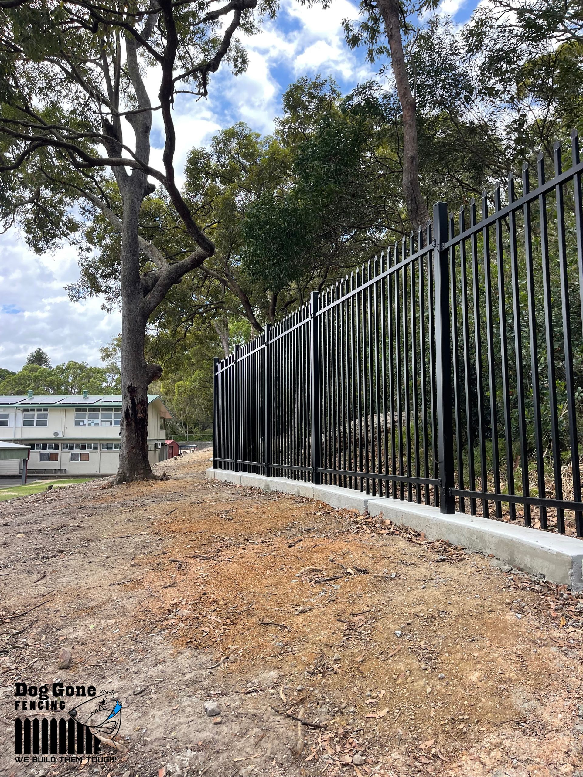 A Black Metal Fence Is Surrounded By Trees In A Park — Dog Gone Fencing in Paget, QLD