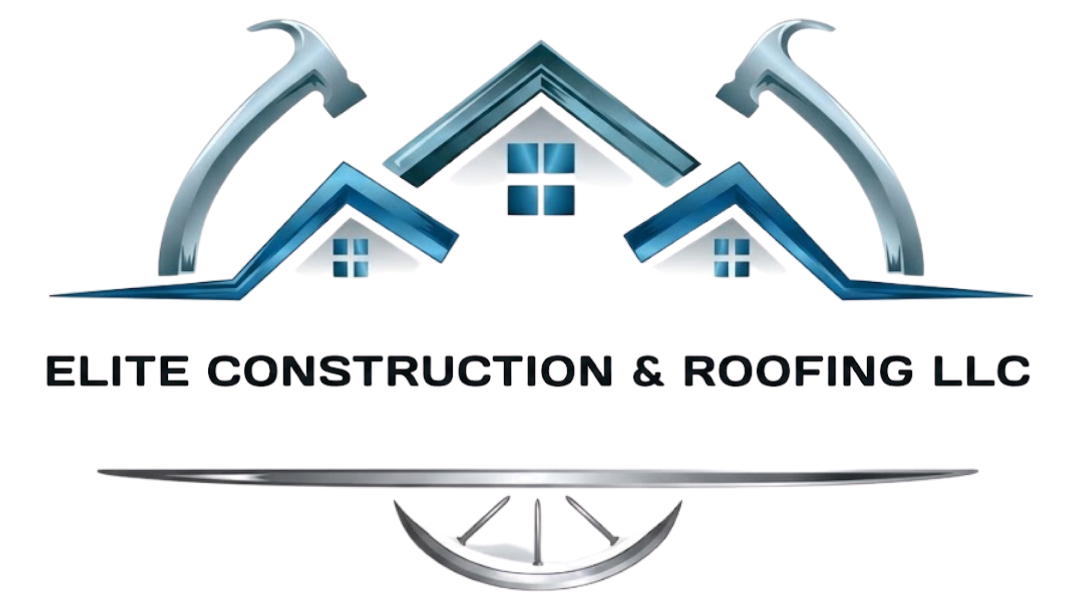 Elite Construction & Roofing LLC logo with blue roof and crossed gray hammers