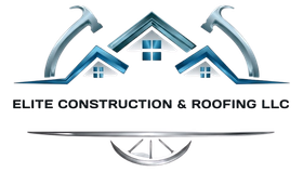 Elite Construction & Roofing LLC logo with blue roof and crossed gray hammers