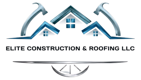 Elite Construction & Roofing LLC logo with blue roof and crossed gray hammers
