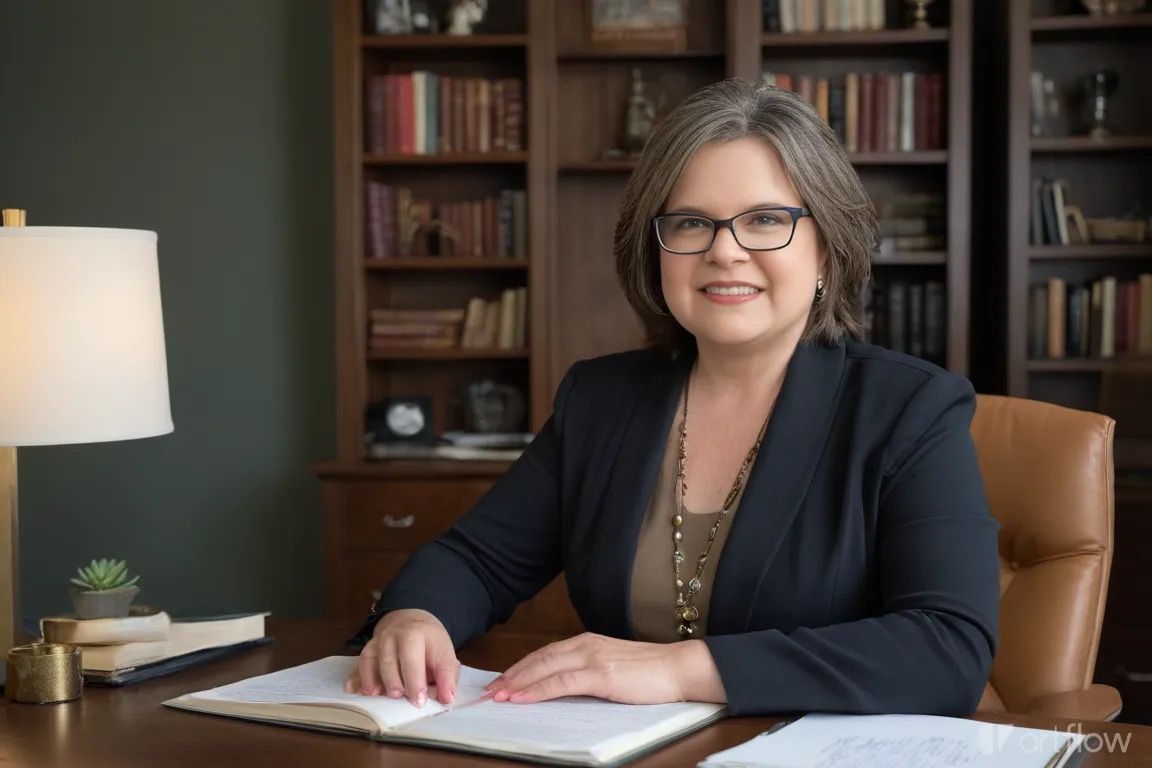 A woman is sitting at a desk in a library reading a book.