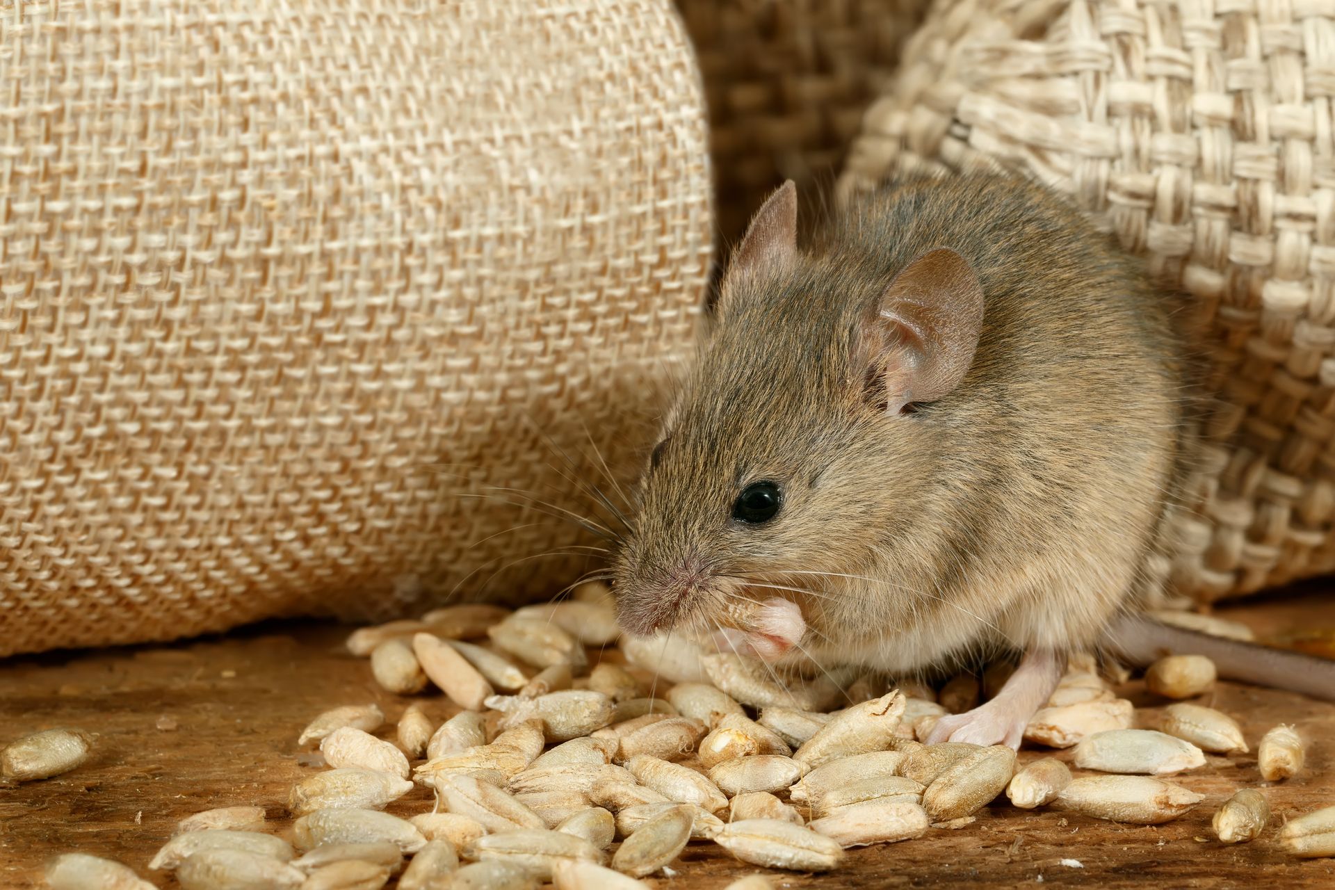 Small brown mouse nibbling scattered grains beside a burlap sack.