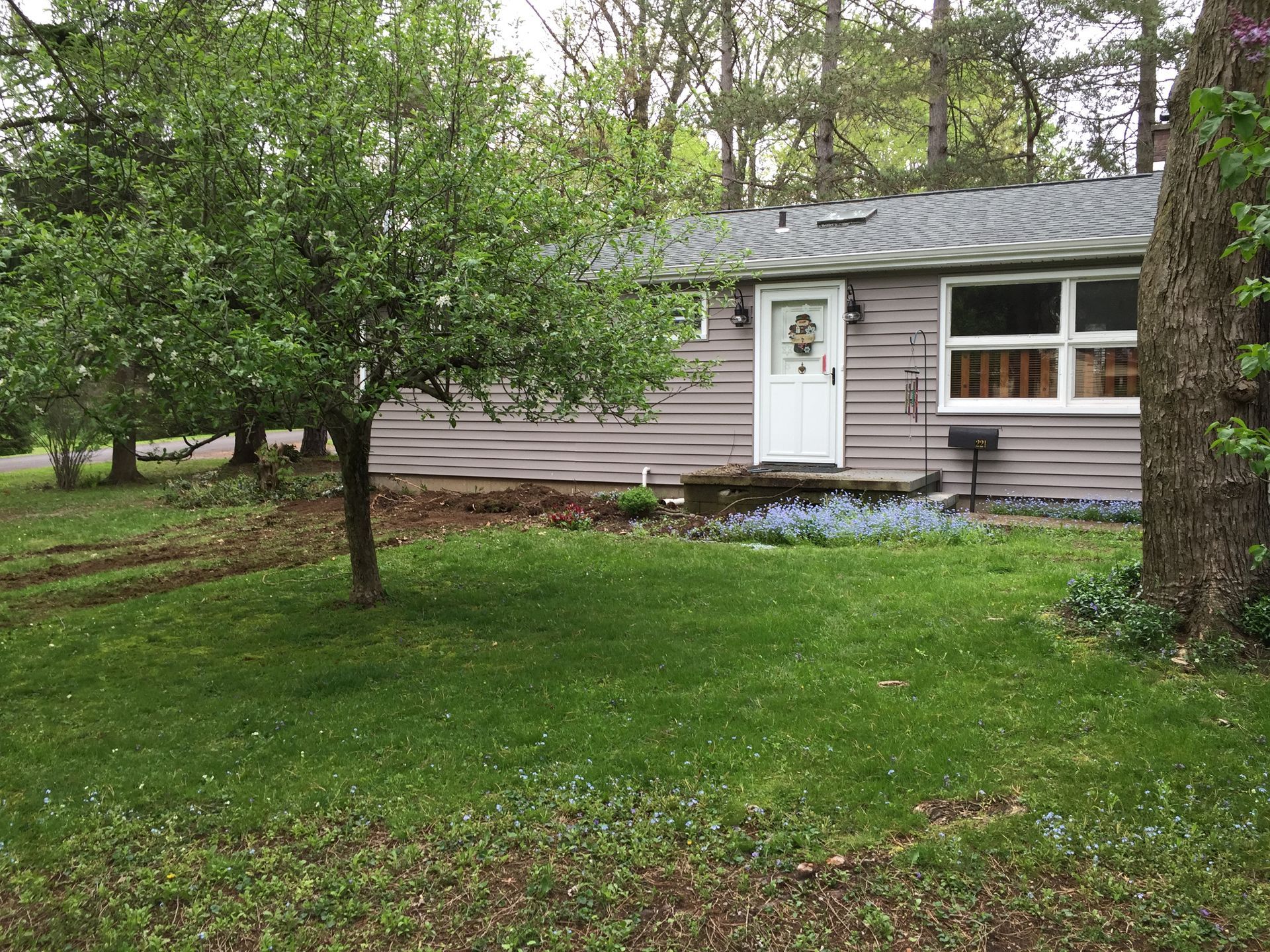 A light-colored house with dark siding and a white front door, surrounded by a lawn and mature trees on an overcast day.