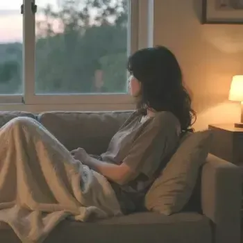 Person sitting on a couch with a blanket, looking out a window in a softly lit living room.