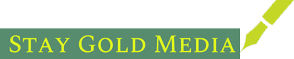 A green and white logo for stay gold media