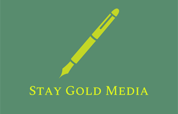 The logo for stay gold media shows a pen on a green background