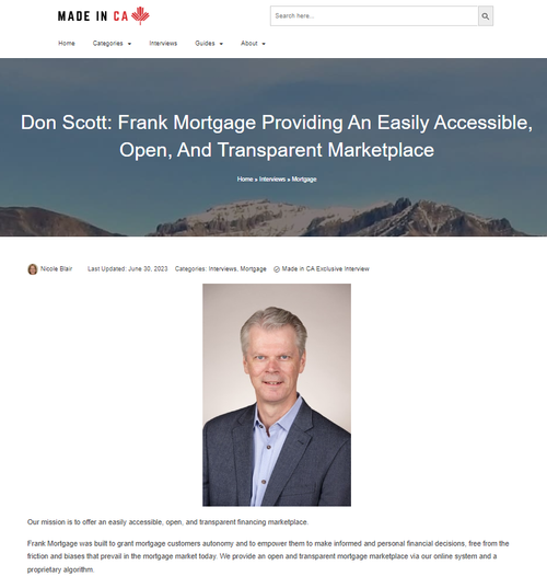 A picture of a man in a suit on a website that says frank mortgage providing an easily accessible open and transparent marketplace