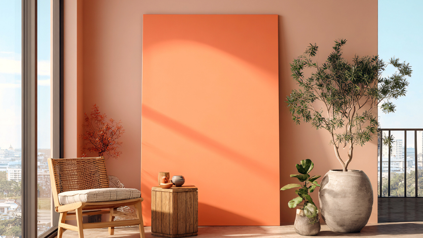 Interior with coral walls, large orange panel, chair, wooden table, potted plants, and balcony overlooking city.