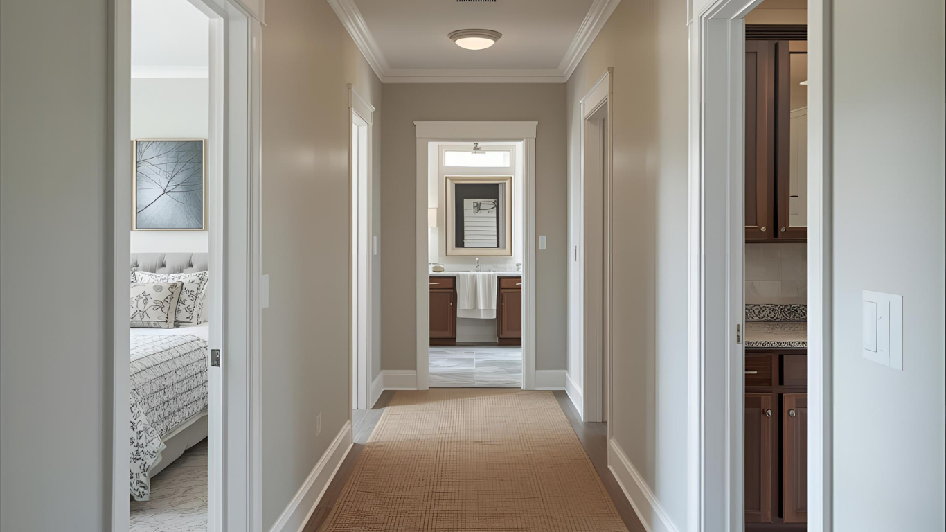 Hallway with doors to bedroom, bathroom, and cabinets; neutral color palette.