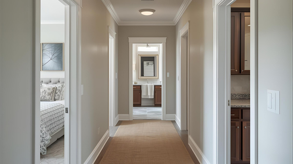 Hallway with doors to bedroom, bathroom, and cabinets; neutral color palette.