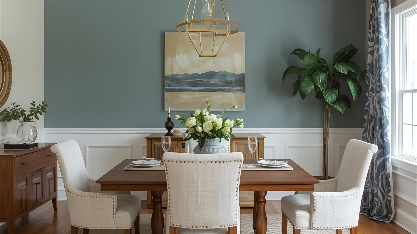 Formal dining room with blue-green wall, wood table, white chairs, artwork, and large plant.