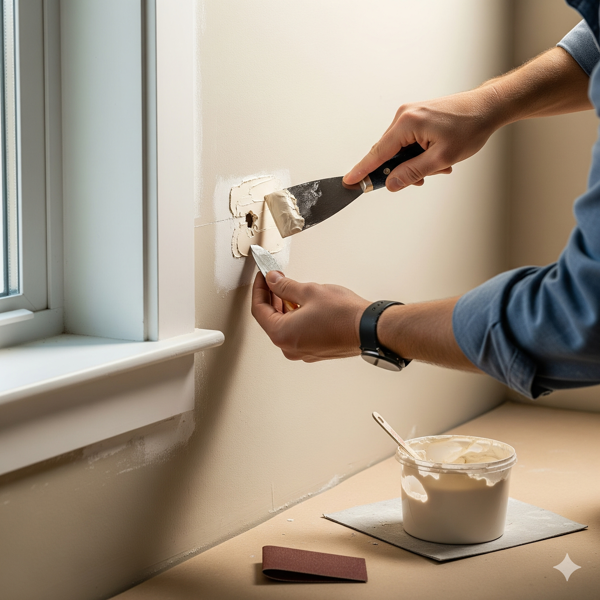 Person patching a wall with spackle near a window, using a putty knife and spackle container.