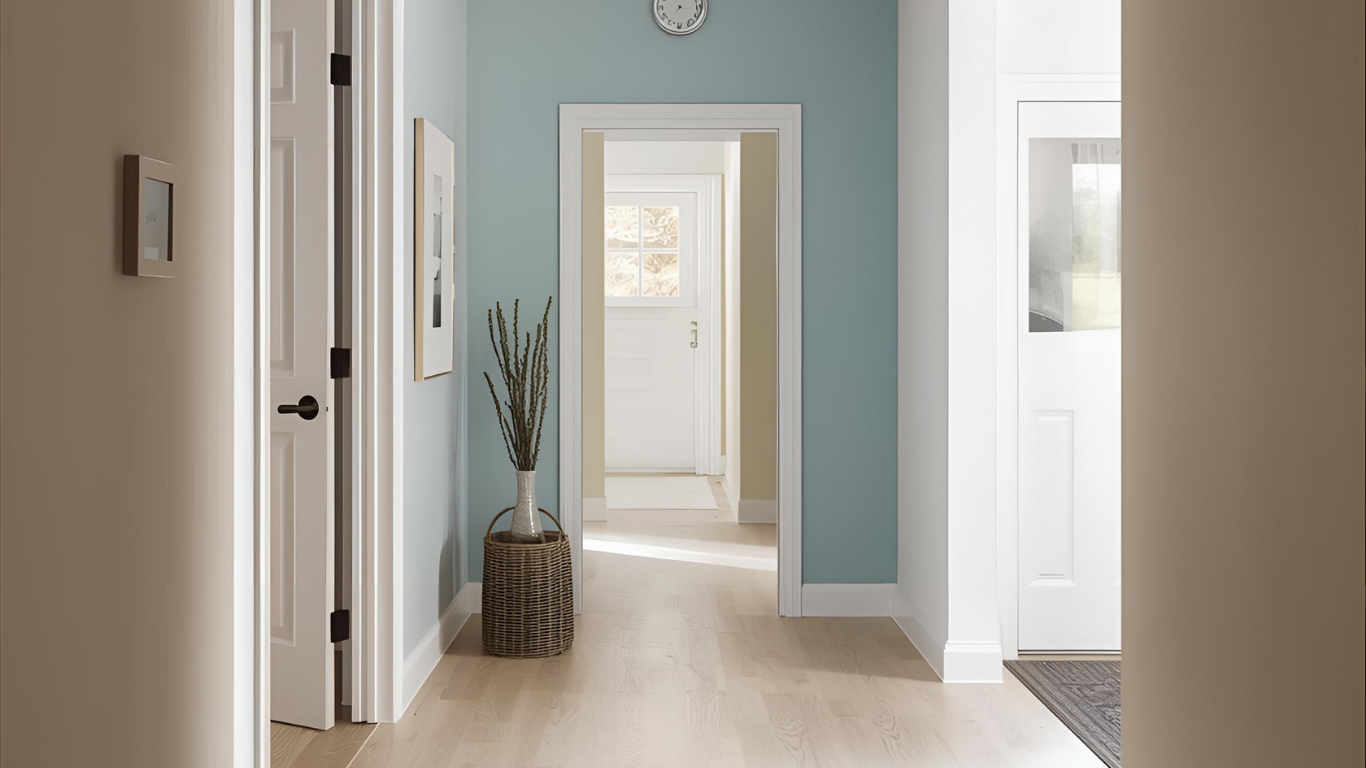 Hallway with light blue walls, white trim, and light wood floors.