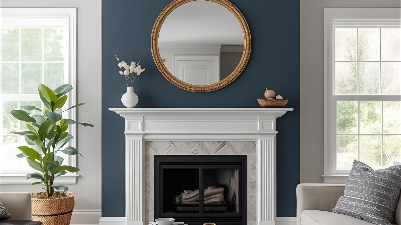 Fireplace with blue accent wall, gold mirror, and plant.