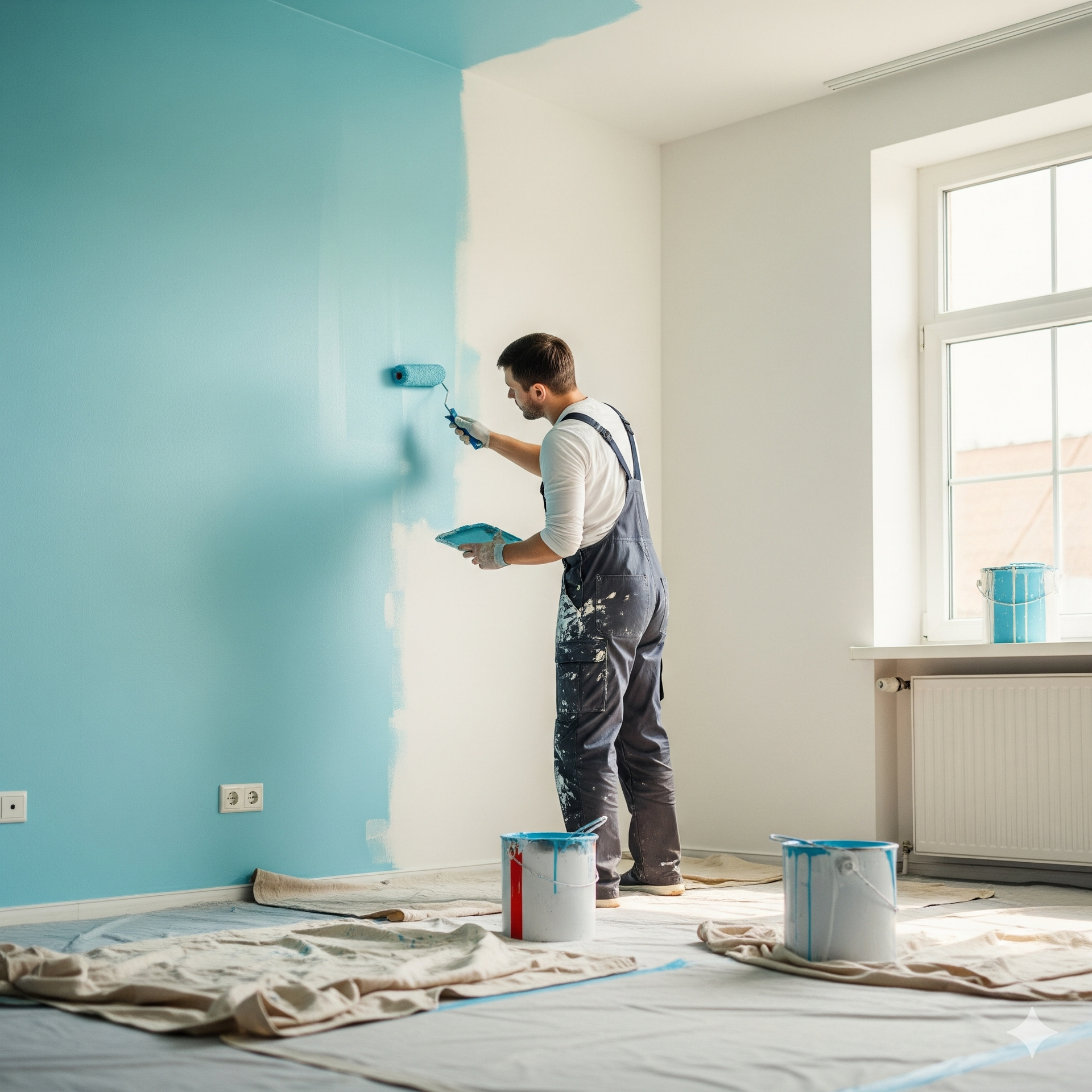 Man painting a room light blue; buckets, window, drop cloths.