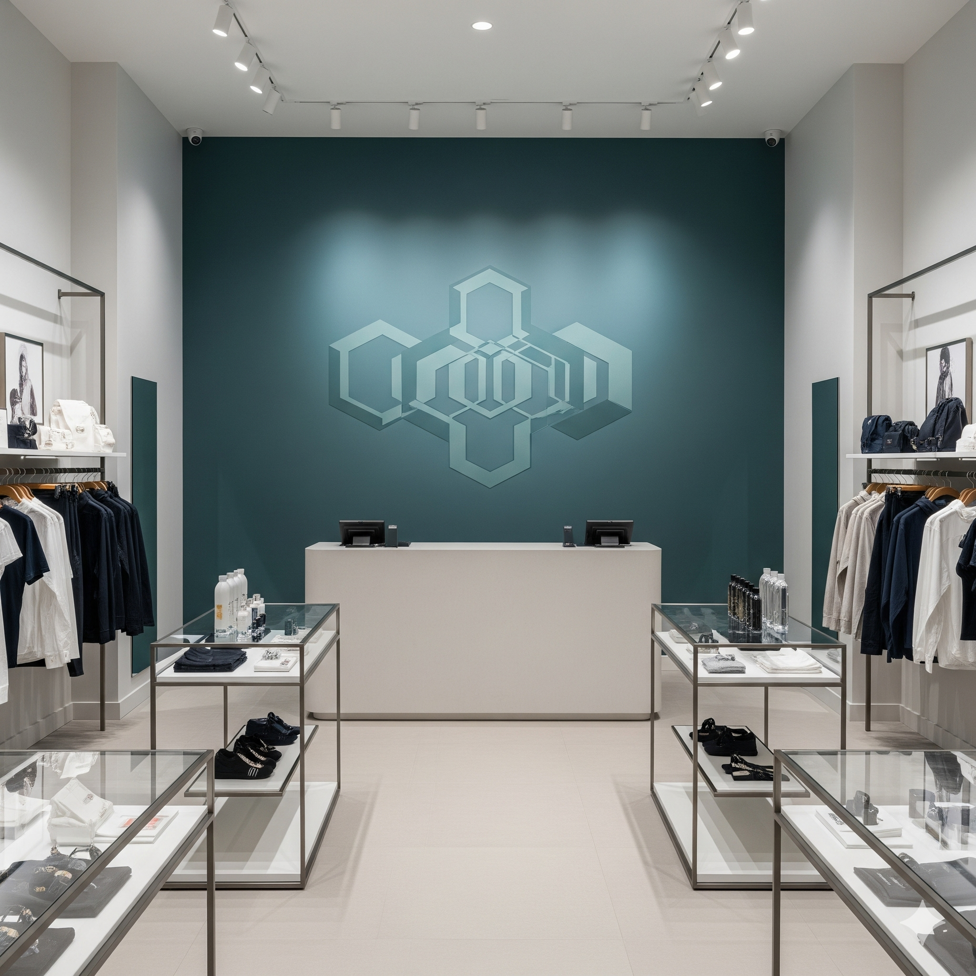 Interior of a modern retail store with clothes on display. Teal wall with logo, white counter.